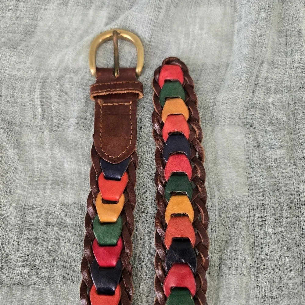 Unique Braided Colorful Men's  Women's Leather Belt with Brass Buckle Size 36
